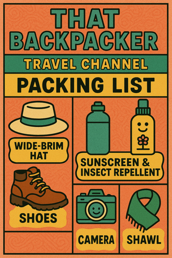 That Backpacker pacing list for Banteay Srei including a camera, shawl, shoes, insect repellent, sunscreen and hat 