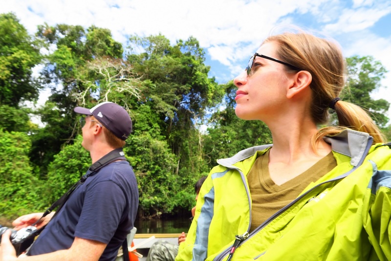 That Backpacker wearing a rain jacket and Nomadic Samuel wearing a t-shirt on an Amazon jungle adventure in Peru 