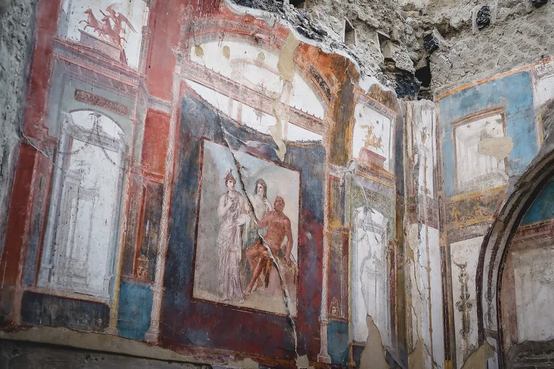 The distinct fading frescoes found in the ruins of Herculaneum The distinct fading frescoes found in the ruins of Herculaneum