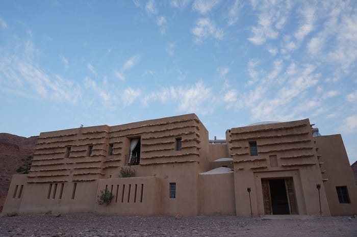 The exterior of the Feynan Ecolodge in Jordan with its unique block design