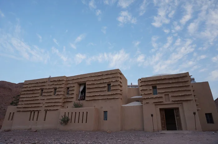 The exterior of the Feynan Ecolodge in Jordan with its unique block design