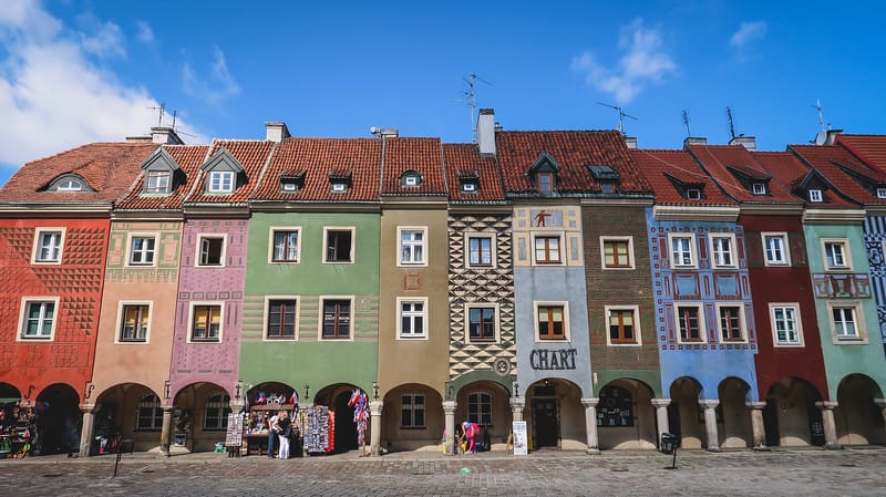 The famous Merchant Houses in Poznan, Poland detailed view of the intricate facade of each building The famous Merchant Houses in Poznan, Poland detailed view of the intricate facade of each building