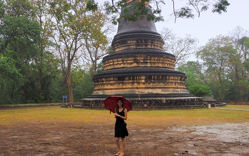 The grounds of Wat Umong as being braved by the elements and rain by That Backpacker Audrey Bergner in Chiang Mai, Thailand