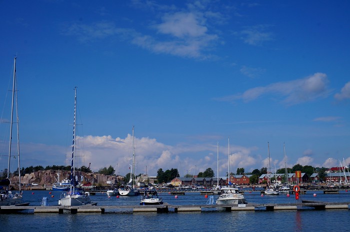 The harbour in Hanko, Finland with lots of sailboats and other vessels docked