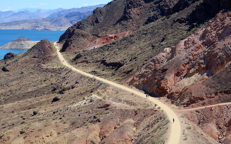 The Historic Railroad Hiking Trail in Nevada from an overhead perspective where hikers look as small as ants 