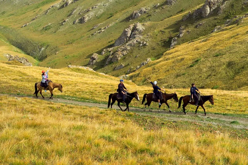 The horse trek to Song Kol Lake in Kyrgyzstan with four horses amidst rugged landscapes