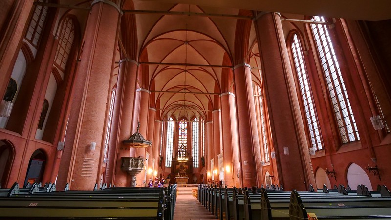 The interior of St Michael's Church in Lüneburg, Germany from a seated perspective 