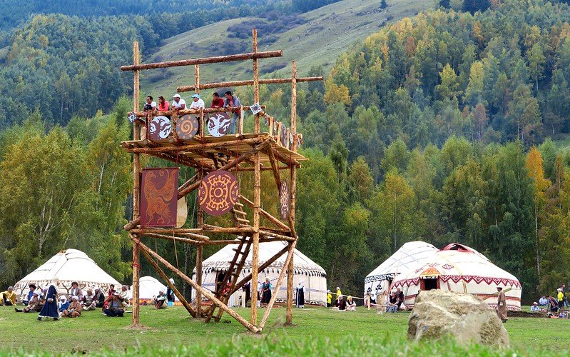 The layout of the venues for the World Nomad Games in Kyrgyzstan with traditional wooden stilt lookout points for a raised viewpoint