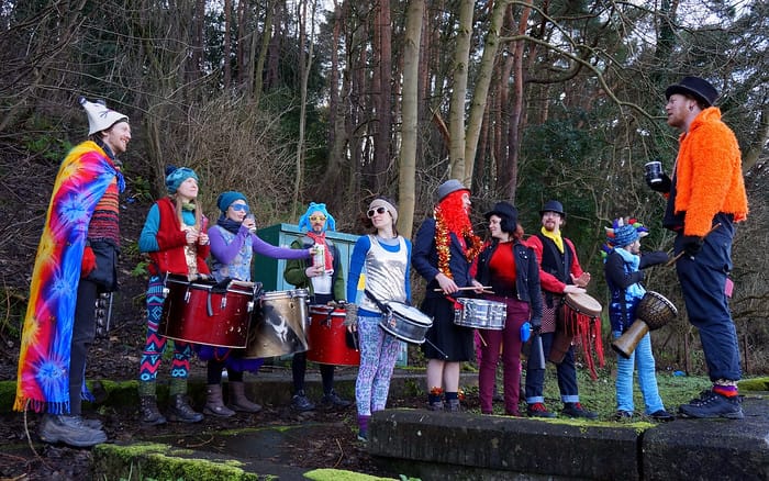 The Loony Dook: Swimmers in Costumes Brave the Firth of Forth in Scotland. The band leading Edinburgh's Loony Dook.