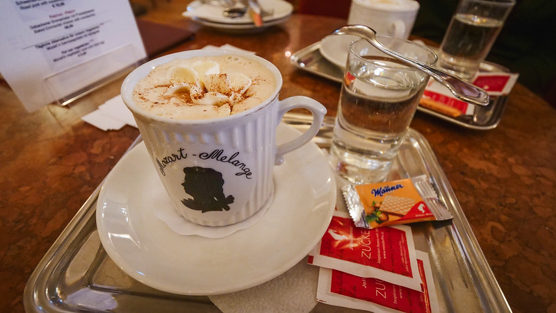 The Mozart Melange is a coffee served with whipped cream and chocolate liqueur.