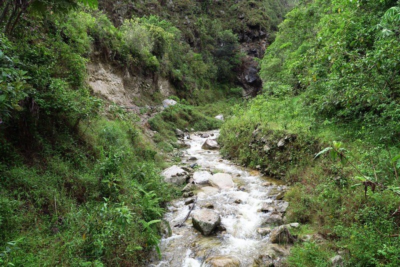 The natural scenery along the 2 day Inca Trail in Peru including steams, rocks and lush greenery everywhere 