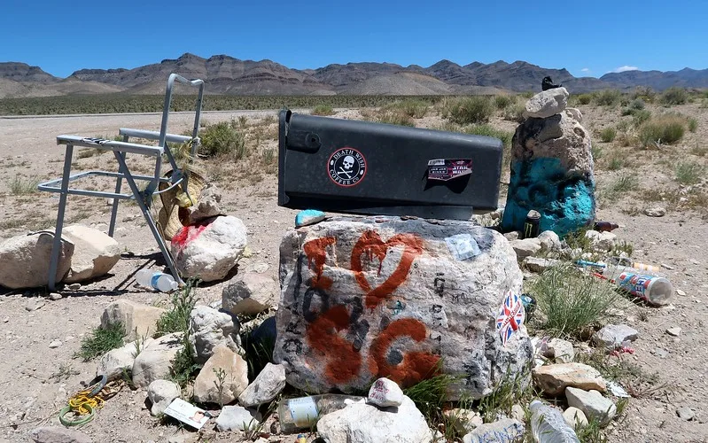 The new black mailbox along the Extraterrestrial Highway because the original was stolen where you can send or receive mail in Nevada