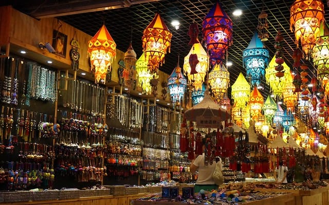 The night market in Yangshuo, China filled with colorful souvenirs 
