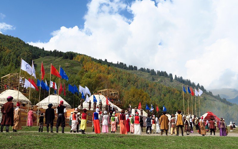 The opening ceremony in Kyrchyn for the World Nomad Games with a fantastic display of costumes, traditional attire and hoisted flags on offer