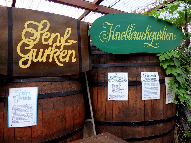 The Pickle Museum (Gurkenmuseum) in Spreewald, Germany with giant barrels as part of the entrance area 