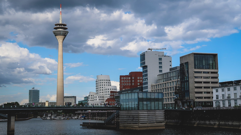The Rhine Tower as seen from MedienHafen in Düsseldorf is an iconic landmark in the city