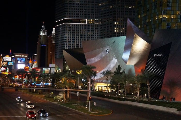 The shops at Crystals all lit up at night in Las Vegas