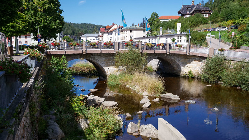The spa town of Sankt Blasien in Germany's Black Forest riverside and iconic bridge views 