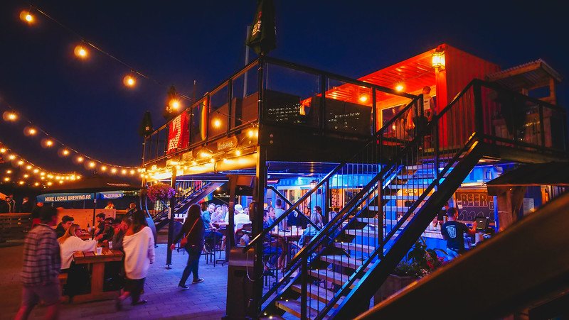 The Stubborn Goat outdoor beer garden with ground floor seating and also a second level in Halifax, Nova Scotia, Canada 