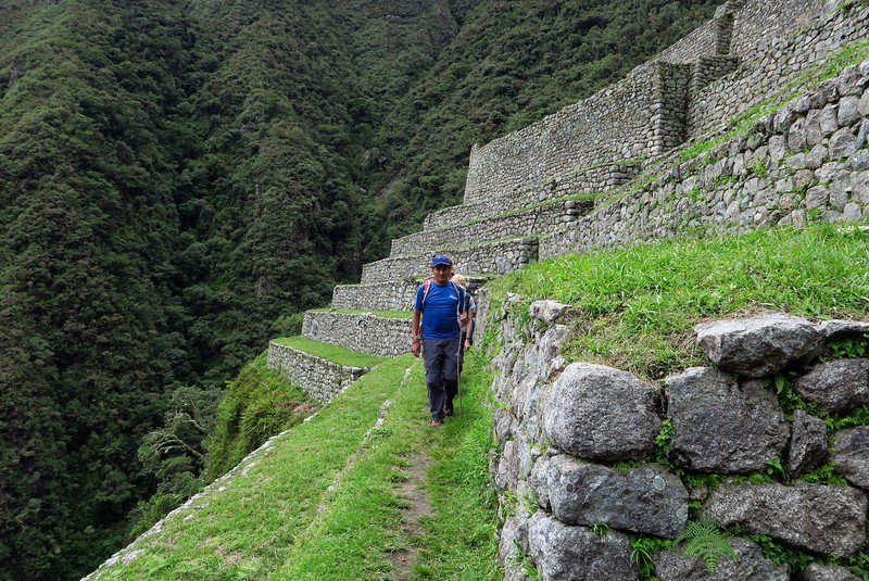 The terraces of Wiñay Wayna while visiting Peru offer unique vantage points that are steep with our guide Roxner leading the way