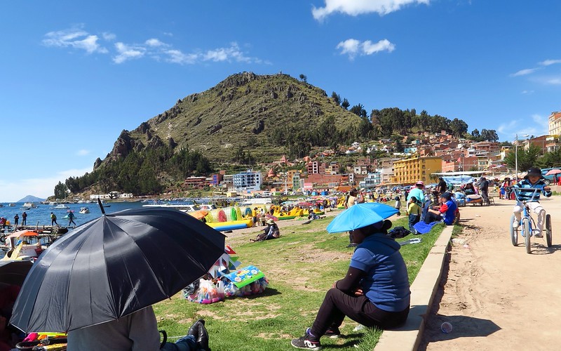 The waterfront in Copacabana, Bolivia which is colorful and busy yet also chill at the same time