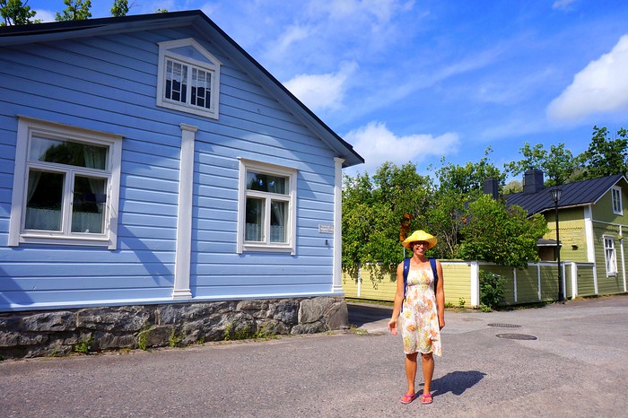 The wooden buildings of Ekenäs, Finland with the iconic summer colors