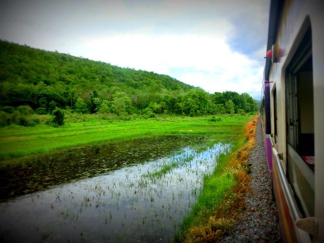 There Are NO Seats Available On The Train to Bangkok, Thailand with scenic views outside the window of our Thai train