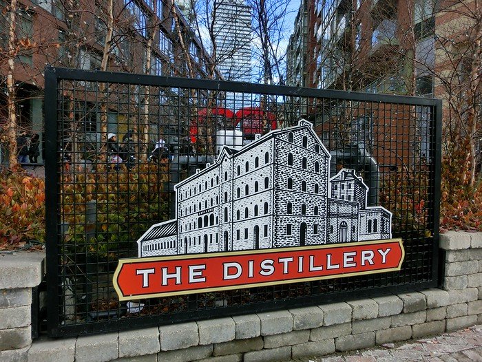 Toronto's historic Distillery District signboard on our way to the Christmas Market in Ontario, Canada
