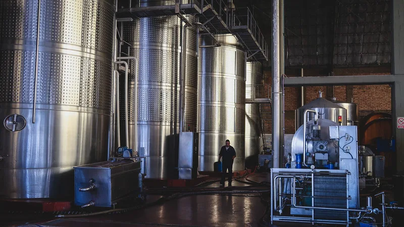Tour of Bodegas Lopez in Mendoza with industrial sized storage tanks in Argentina