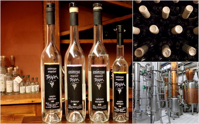 Touring the Tsilili Winery in Meteora, Greece with bottles on display and a distillery in the back