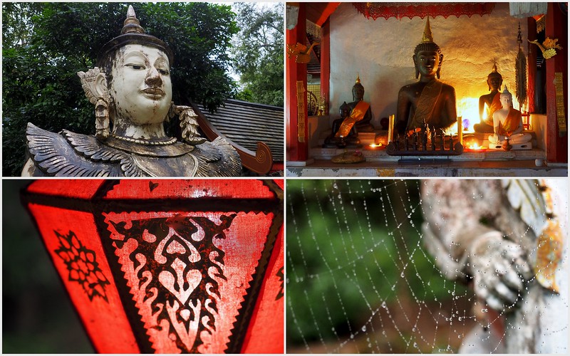 Touring Wat Palad in Chiang Mai photo collage with lanterns, buddhas, statues and spiderwebs galore on offer in Thailand