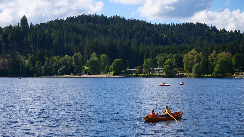 Tourists on a row boat in Titisee with the Black Forest in the horizon is a tranquil escape to nature 