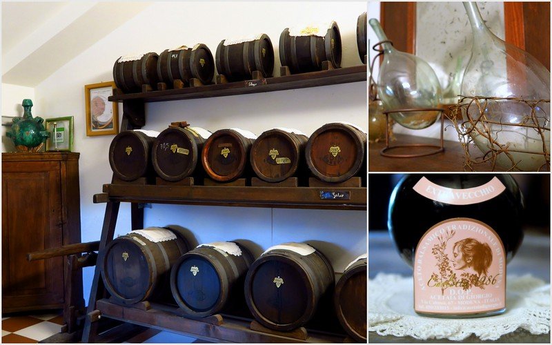 Aging barrels of traditional balsamic vinegar in a Modena acetaia, with close-up views of glass decanters and an extra vecchio bottle, showcasing the artisanal process and centuries-old tradition that makes Emilia-Romagna a top Italian food destination