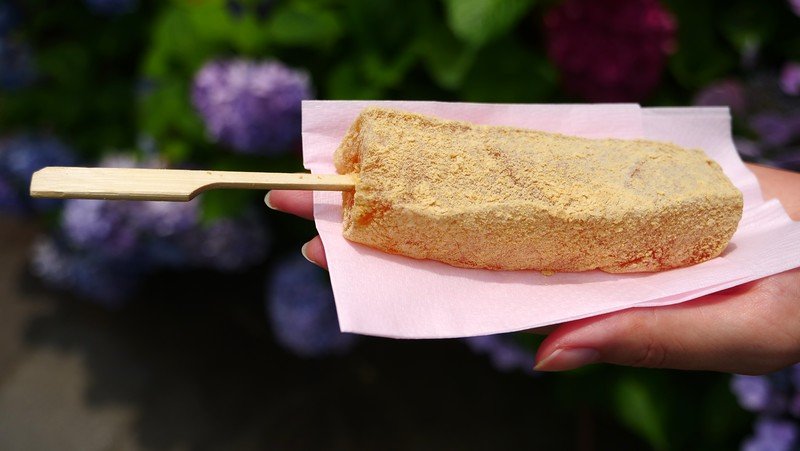 Trying warabimochi as street food in Kamakura that is served like a big popsicle on a tissue paper in Japan Trying warabimochi as street food in Kamakura that is served like a big popsicle on a tissue paper in Japan