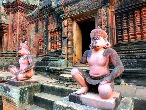 Two unique guardian statues at Banteay Srei in Cambodia