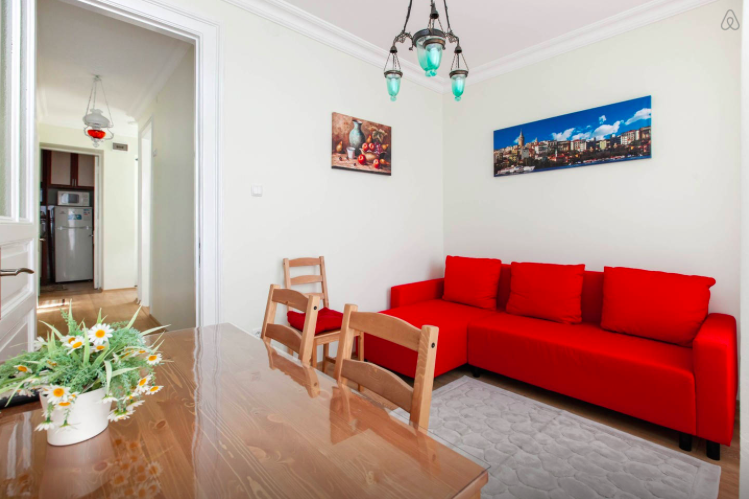 Using AirBnB in Istanbul, Turkey with a beautiful red sofa and large spacious table for working online 
