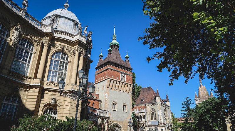 Vajdahunyad Castle in Budapest, Hungary, framed by trees under a bright blue sky. This striking castle blends Romanesque, Gothic, Renaissance, and Baroque styles and is one of the top sightseeing attractions to visit in Budapest’s City Park