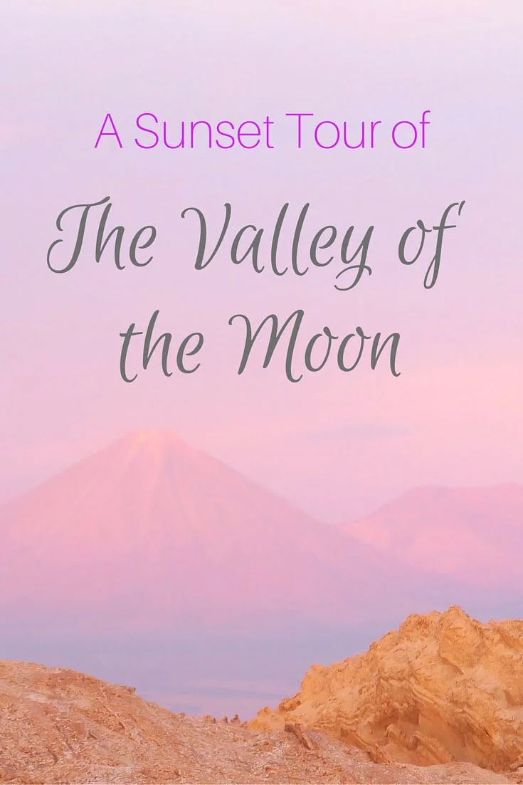 Travel graphic for a sunset tour of Valle de la Luna in Chile’s Atacama Desert with pastel skies and desert peaks