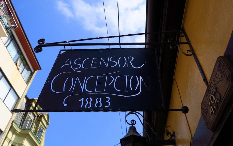 Historic sign for Ascensor Concepción funicular in Valparaíso, Chile, dating back to 1883, one of the city’s most iconic hillside elevators