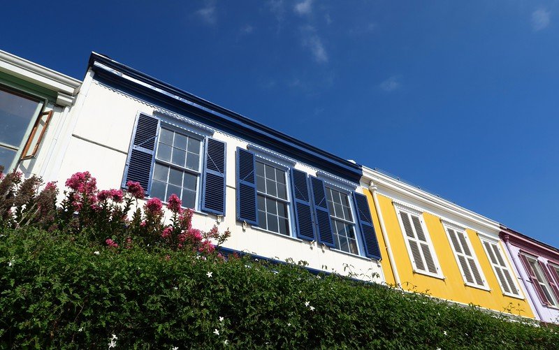 Colorful colonial houses in Valparaíso, Chile, with blue shutters, bright facades, and flowers in bloom against a clear blue sky, highlighting the city’s vibrant bohemian architecture