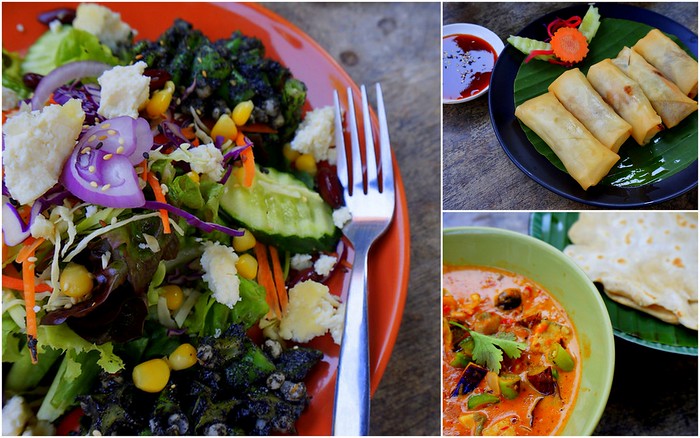 Vegetarian lunch at Pun Pun Restaurant in Chiang Mai, Thailand including salads, soups and spring rolls