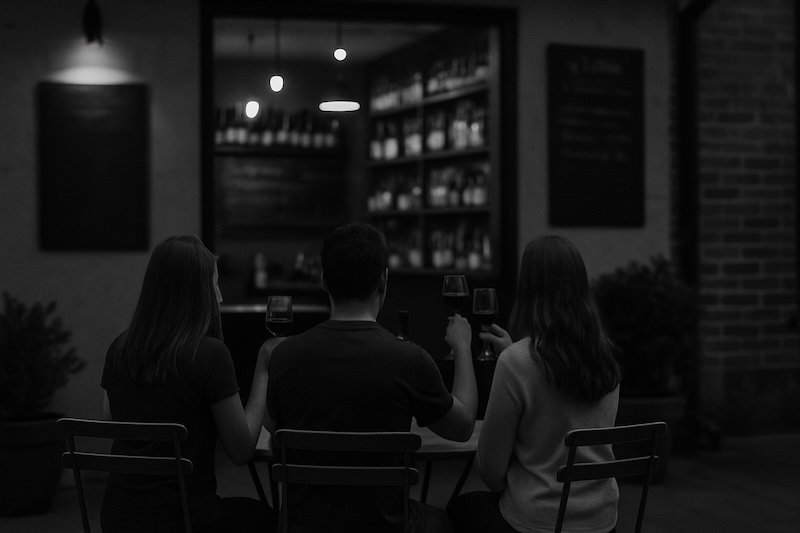 A black and white photograph of three friends sitting outdoors at Vie Vin wine bar in Florianópolis, Brazil. Seen from behind, they raise glasses of wine while facing the warmly lit interior lined with wine bottles. The atmosphere feels cozy and social