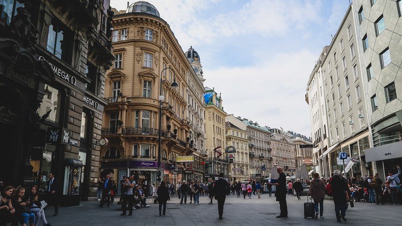 Bustling pedestrian street lined with elegant historic buildings and luxury shops in Innere Stadt, the old town centre of Vienna, Austria Bustling pedestrian street lined with elegant historic buildings and luxury shops in Innere Stadt, the old town centre of Vienna, Austria
