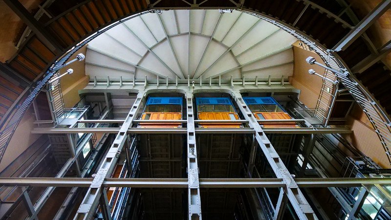 View of the elevators in the Old Elbe Tunnel in Hamburg, Germany from the ground level looking upwards View of the elevators in the Old Elbe Tunnel in Hamburg, Germany from the ground level looking upwards