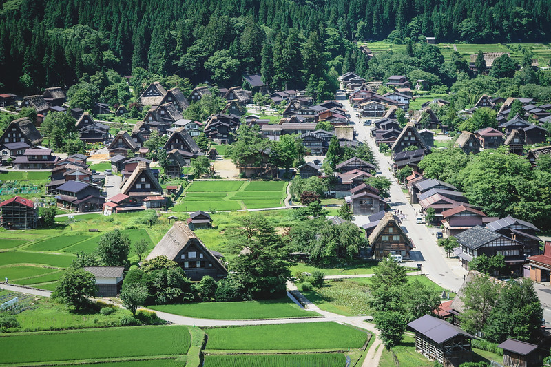 View of the farmhouses as seen on our day trip to Shirakawa-go, Japan with beautiful a-frame style thatched roofs dominating the scene View of the farmhouses as seen on our day trip to Shirakawa-go, Japan with beautiful a-frame style thatched roofs dominating the scene