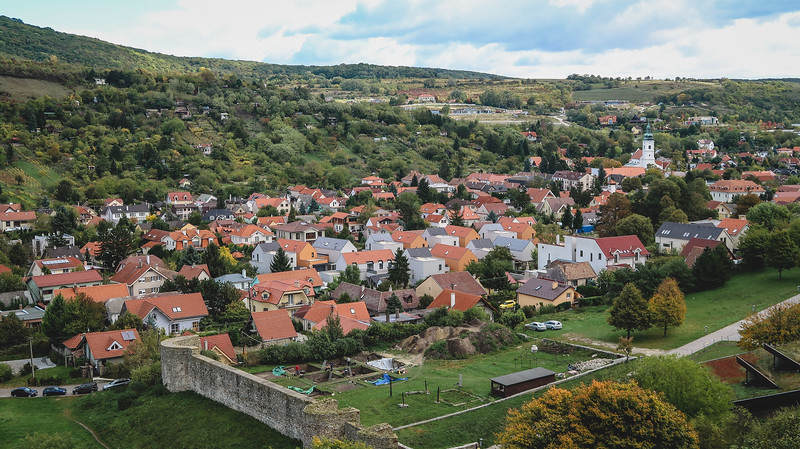 Views from Devin Castle of the town below with distinct orange rooftop views in Slovakia Views from Devin Castle of the town below with distinct orange rooftop views in Slovakia