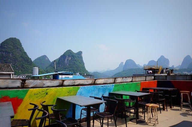 Views from Monkey Jane Hostel overlooking the karst mountains in China whilst visiting Yangshuo