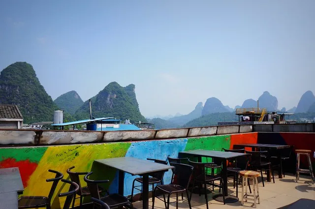 Views from Monkey Jane Hostel overlooking the karst mountains in China whilst visiting Yangshuo