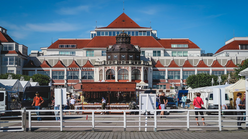 Views from Sopot boardwalk and market being set up early in the morning in Poland 