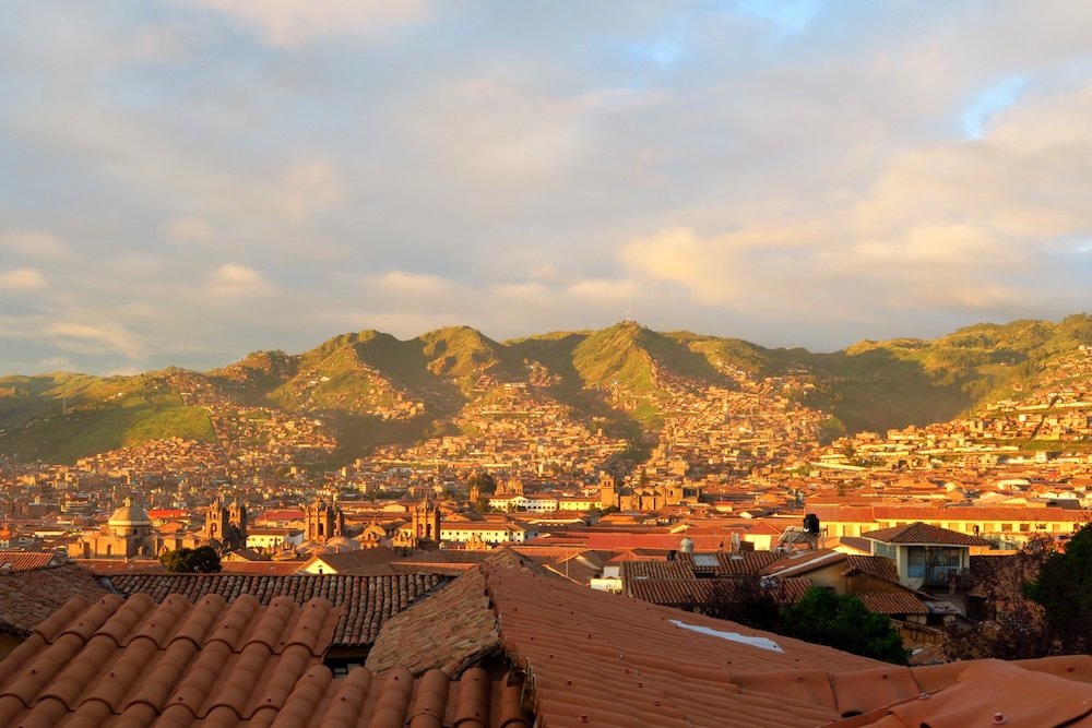 Views of Cuzco during golden hour from a high vantage point in Cusco, Peru 